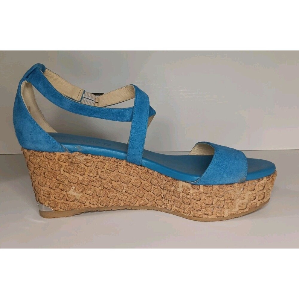 Jimmy Choo Wedge Sandals Blue Suede Cork Espadrilles Made in Spain Size 38 - Picture 13 of 16